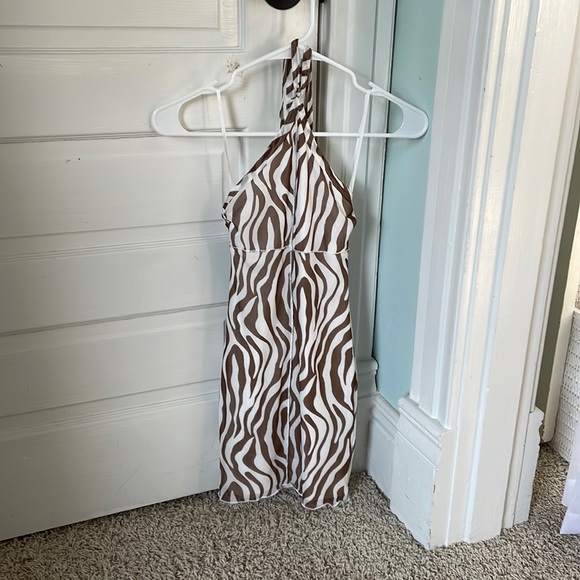 Princess Polly Dresses & Skirts - Brown and white zebra bodycon backless mini dress halter